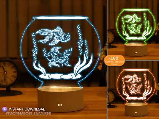 Aquarium Ocean Mixed Fish 3D Night Light Making Digital Vector Files, Acrylic, Christmas Gift Laser Cut, CNC, Dxf,Svg,Ai, Glowforge Ready